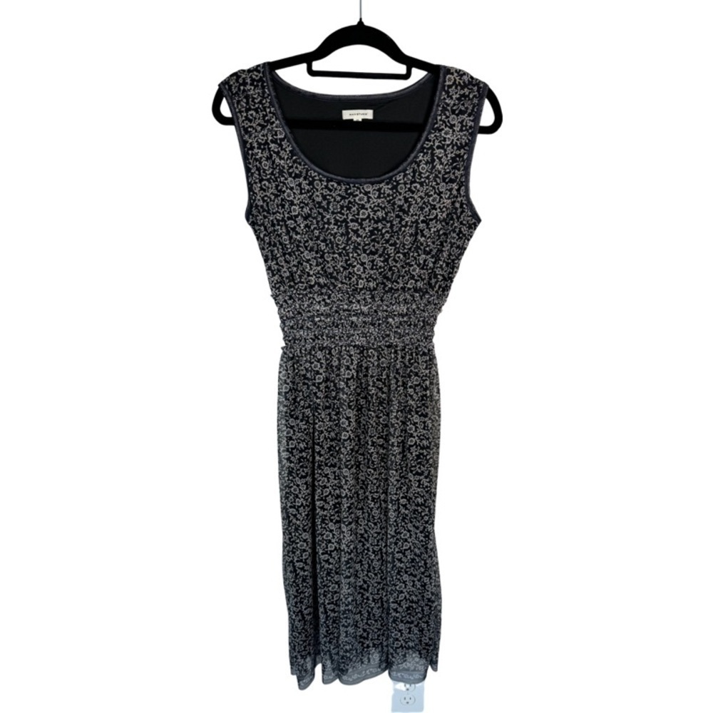 ✅ Max Studio black printed mesh overlay sleeveless midi dress size XS